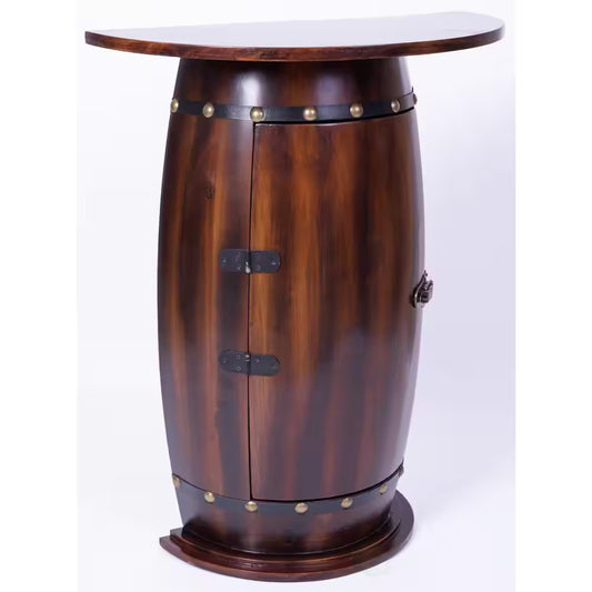 Rustic Lockable Barrel Shaped Wine Bar Cabinet Wooden End Table