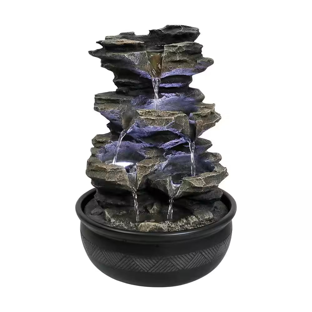 Resin Tabletop Fountain - 11.4 In. 4-Tiered Resin-Rock Fountain Indoor with LED Lights for House, Home, Office Decor