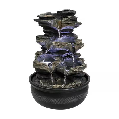 Resin Tabletop Fountain - 11.4 In. 4-Tiered Resin-Rock Fountain Indoor with LED Lights for House, Home, Office Decor