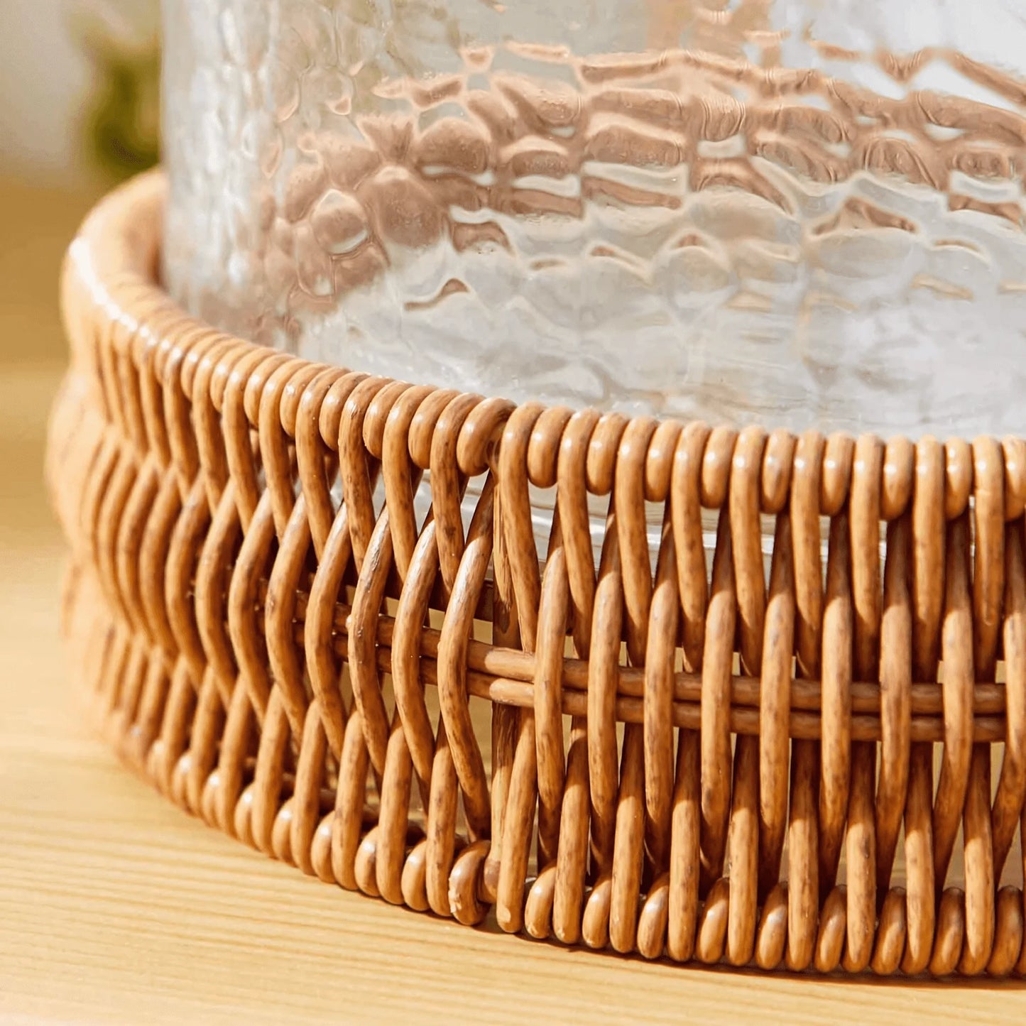 (2 Pack)  7" Decorative Clear Hammered Glass Hurricane Pillar Candle Holder with Brown Woven Base