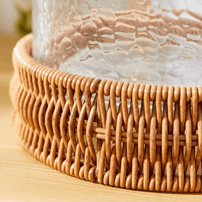 (2 Pack)  7" Decorative Clear Hammered Glass Hurricane Pillar Candle Holder with Brown Woven Base