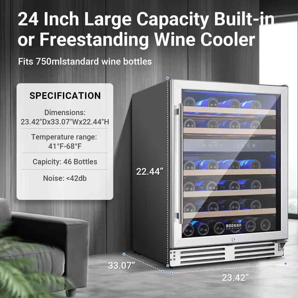 24 In. Dual Zone 46-Wine Bottles Beverage & Wine Cooler with Double-Layer Tempered Reversible Door in Stainless Steel