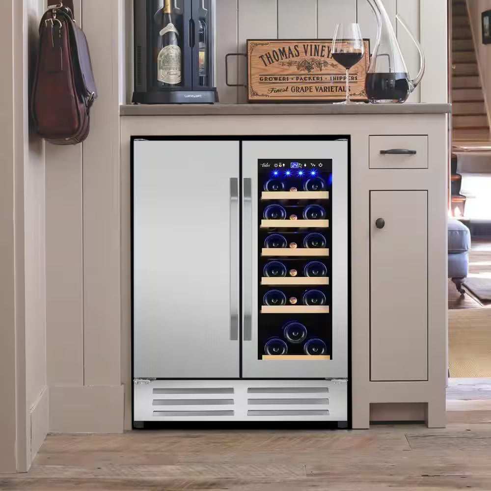 24 In.Dual Zone 20-Wine Bottles and 88-Can Built-In and Freestanding with French Door Beverage Cooler in Stainless Steel