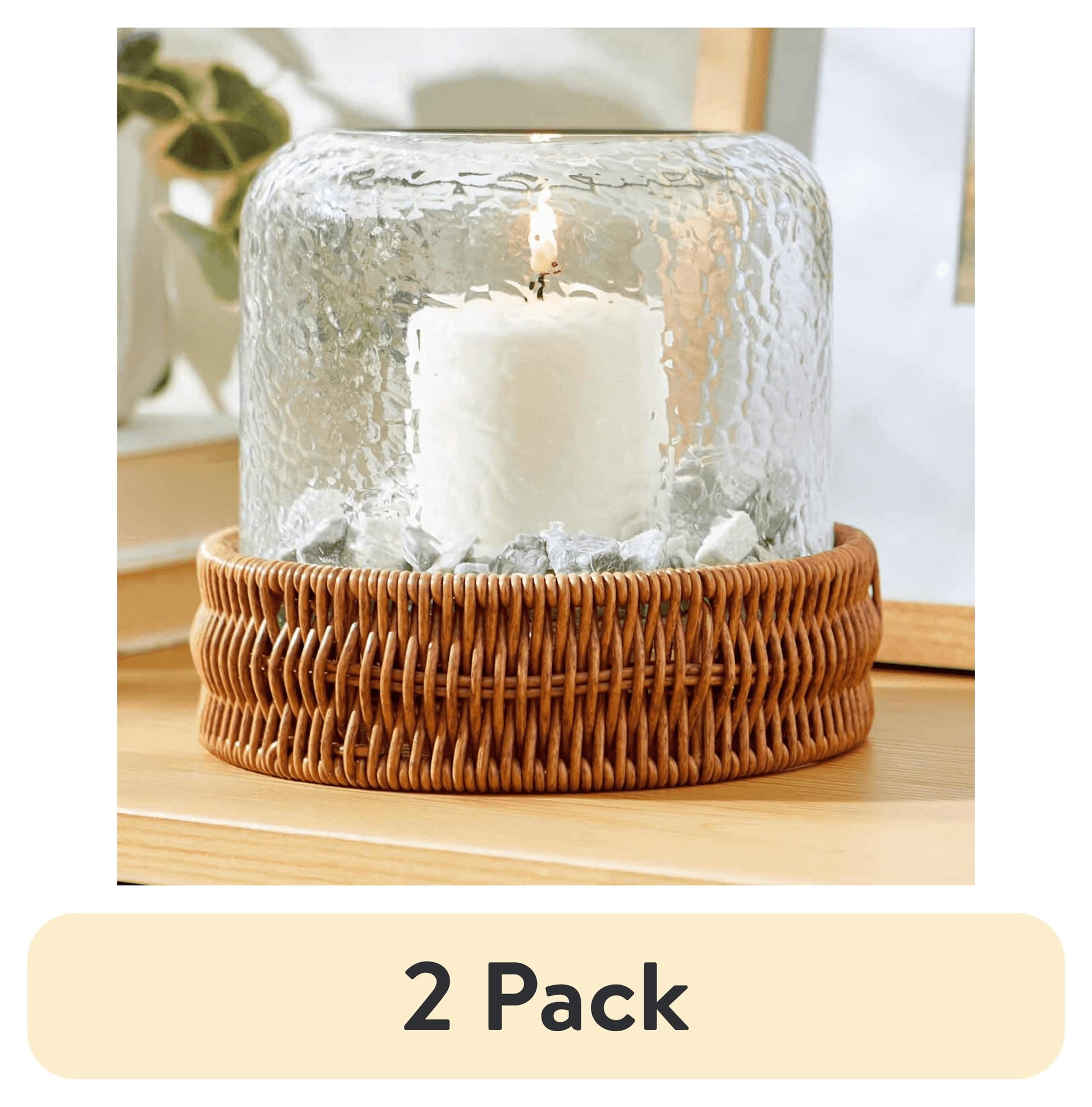(2 Pack)  7" Decorative Clear Hammered Glass Hurricane Pillar Candle Holder with Brown Woven Base