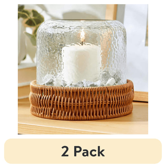 (2 Pack)  7" Decorative Clear Hammered Glass Hurricane Pillar Candle Holder with Brown Woven Base