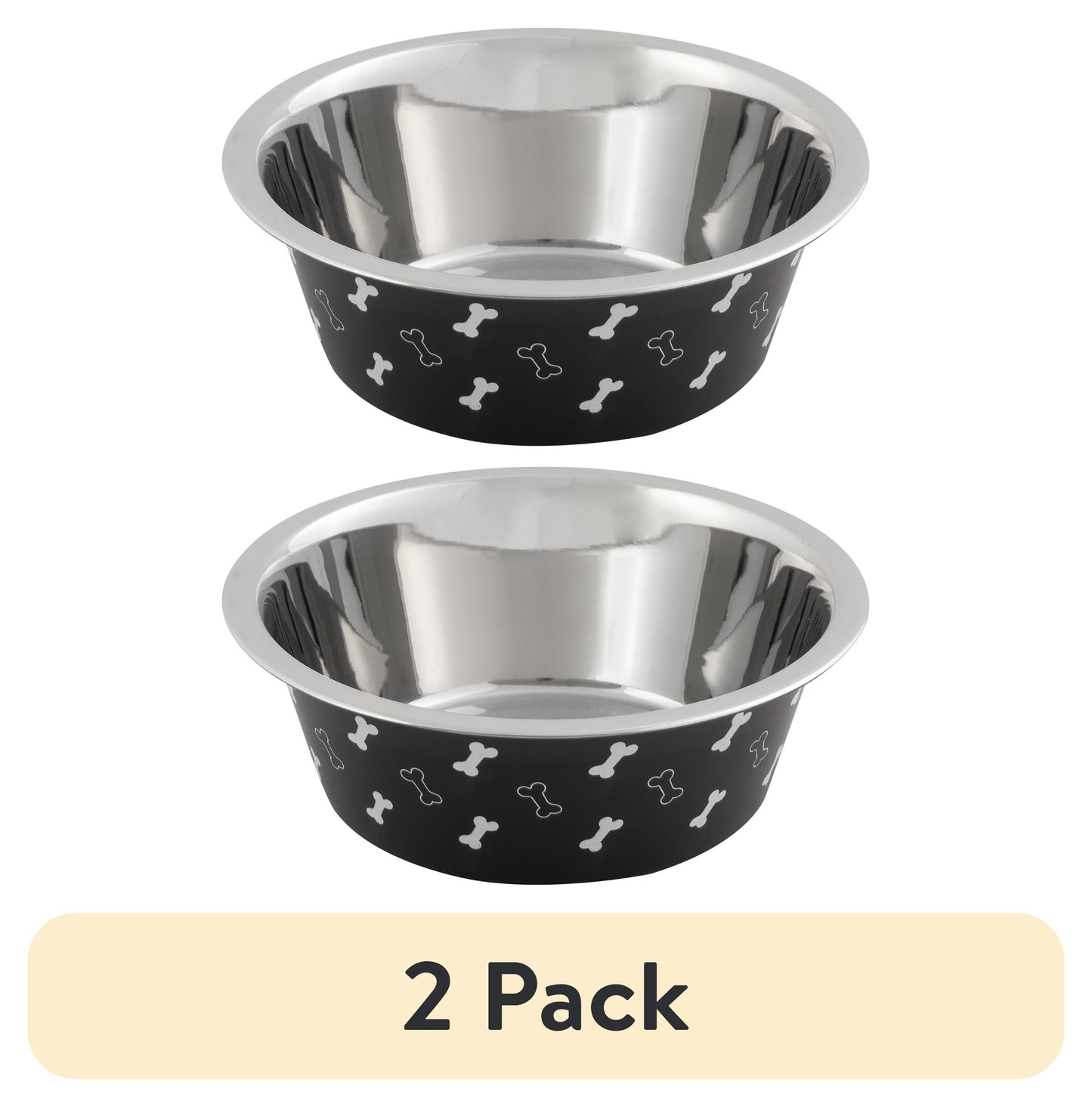 (2 Pack)  Medium Stainless Steel Dog Bowl, Black with Bones, 25.75 Fluid Ounces