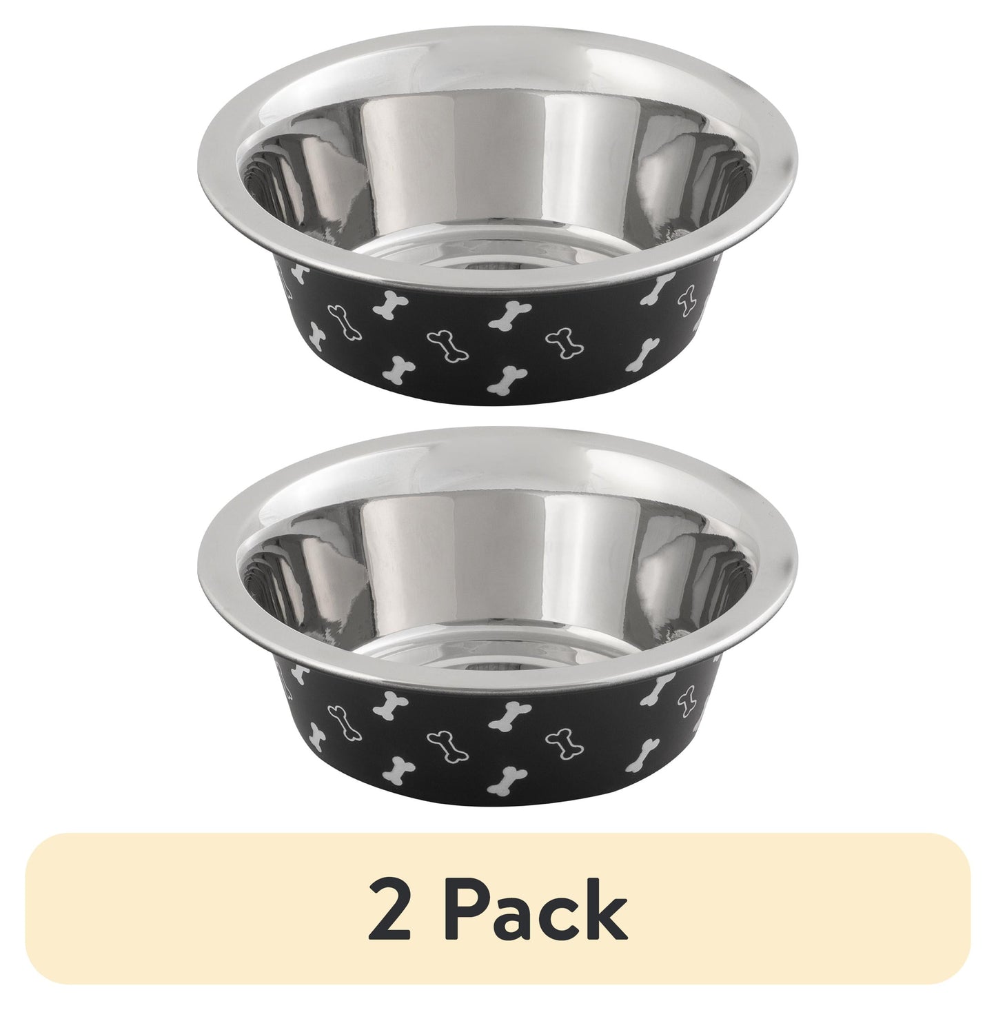 (2 Pack)  Medium Stainless Steel Dog Bowl, Black with Bones, 25.75 Fluid Ounces