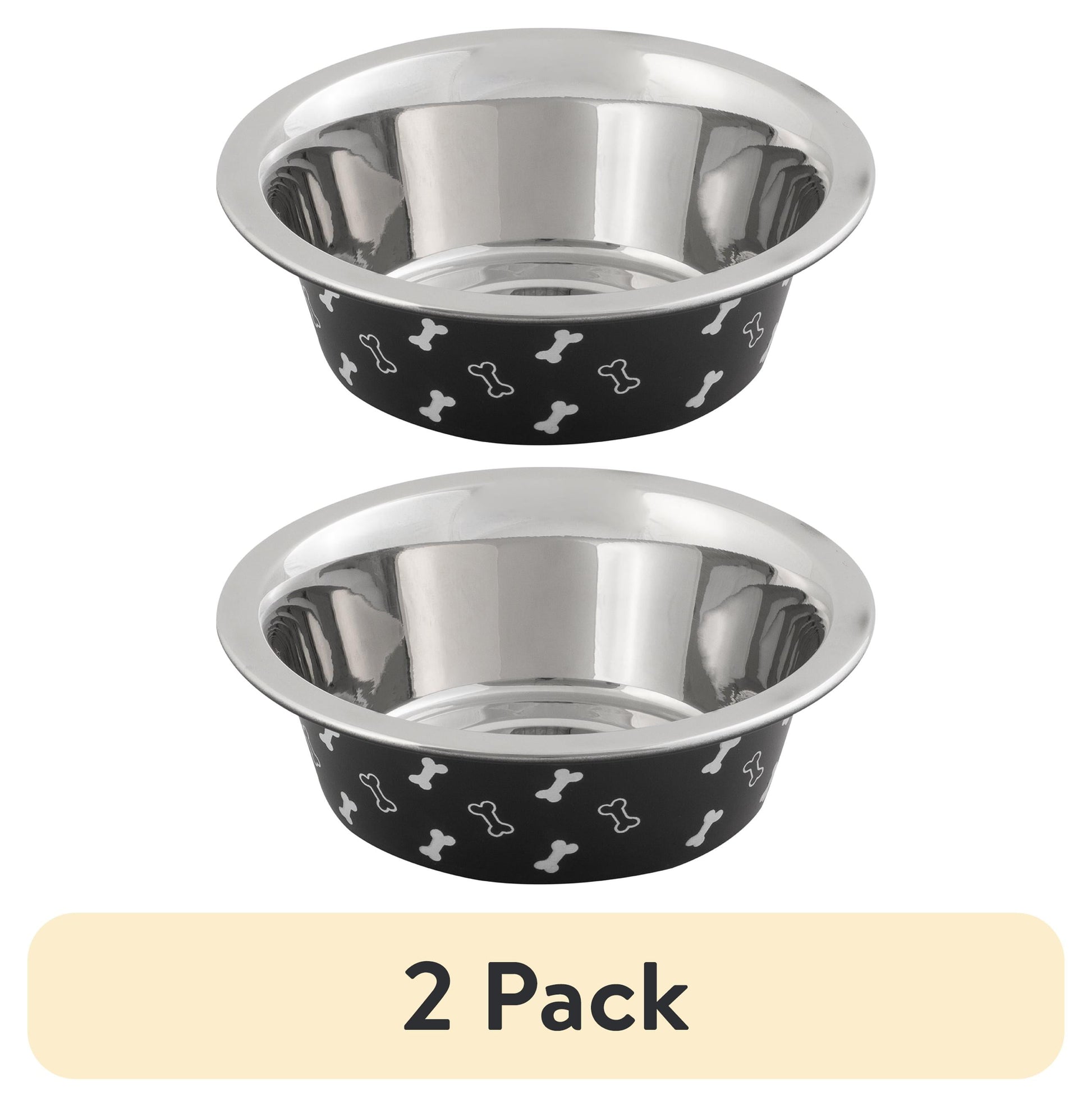 (2 Pack)  Medium Stainless Steel Dog Bowl, Black with Bones, 25.75 Fluid Ounces