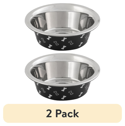 (2 Pack)  Medium Stainless Steel Dog Bowl, Black with Bones, 25.75 Fluid Ounces