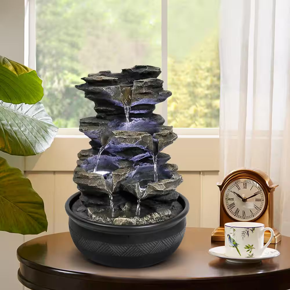 Resin Tabletop Fountain - 11.4 In. 4-Tiered Resin-Rock Fountain Indoor with LED Lights for House, Home, Office Decor