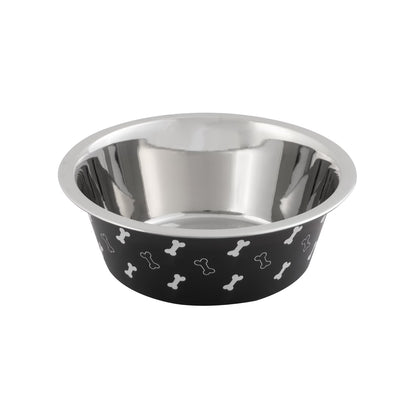 (2 Pack)  Medium Stainless Steel Dog Bowl, Black with Bones, 25.75 Fluid Ounces