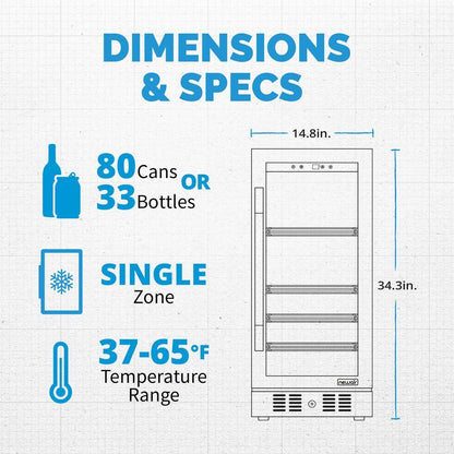 15 In. Flipshelf 33 Wine Bottles & 80 Cans Built-In Beverage and Wine Cooler in Stainless Steel with Reversible Shelves