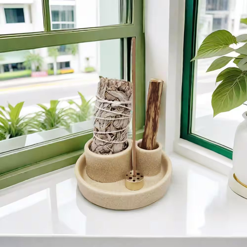 Sand Ceramic 4-In-1 Incense Holder with Ash Catcher Tray for Meditation and Yoga
