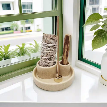 Sand Ceramic 4-In-1 Incense Holder with Ash Catcher Tray for Meditation and Yoga
