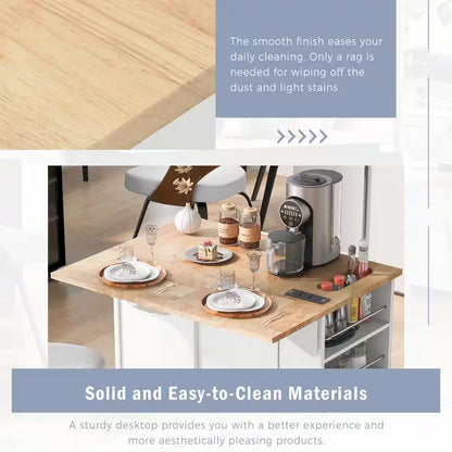 White Rubberwood Tabletop Drop Leaf 39.8 In. Kitchen Island Cart with Power Outlet Open Storage and Wine Rack