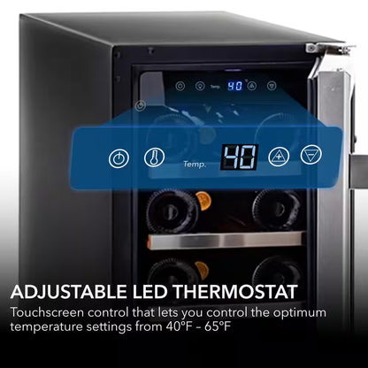 12 In. Single Zone 18 Bottles Undercounter Built-In Wine Cooler Refrigerator W/ Lock Stainless Steel LED