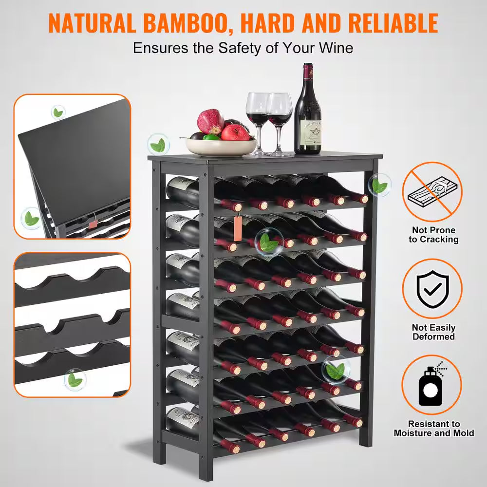 42-Bottle Bamboo Wine Rack, 7-Tier Freestanding Storage with Table Top, Wobble-Free Display Shelf for Kitchen, Black