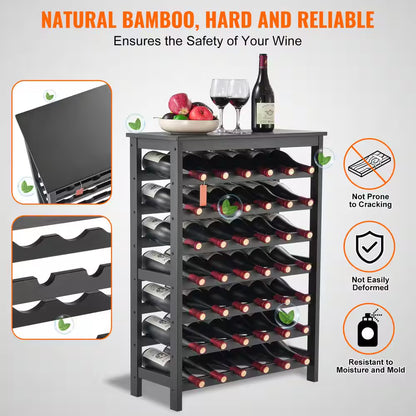 42-Bottle Bamboo Wine Rack, 7-Tier Freestanding Storage with Table Top, Wobble-Free Display Shelf for Kitchen, Black