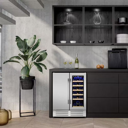 24 In.Dual Zone 20-Wine Bottles and 88-Can Built-In and Freestanding with French Door Beverage Cooler in Stainless Steel