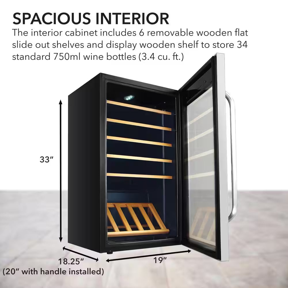 19 In. 34 Bottle Wine Cooler Fridge W/ Lock Freestanding Stainless Steel Display Rack and LED Display