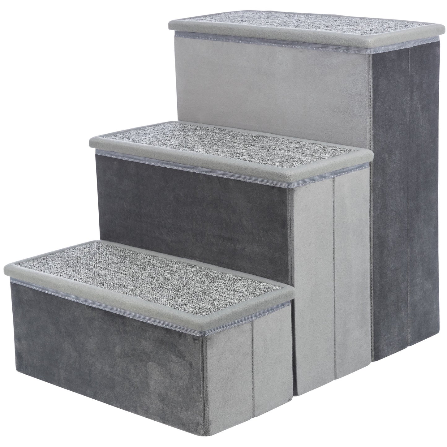 3-Step Foldable Velour Pet Stairs with Storage, Gray