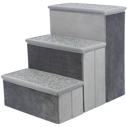 3-Step Foldable Velour Pet Stairs with Storage, Gray