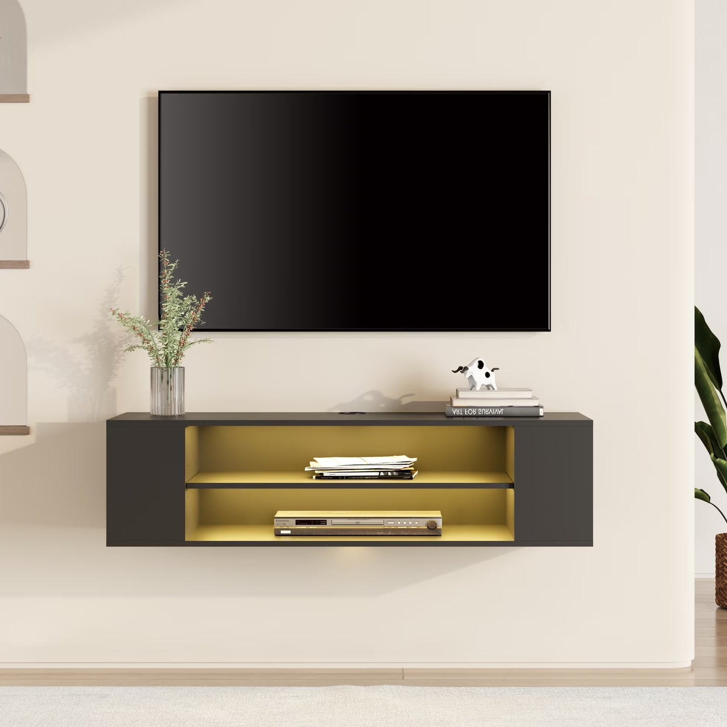 Yellow Light Floating TV Stand with Adjustable Shelves for Living Room Bedroom, Black, 39.4 Inch