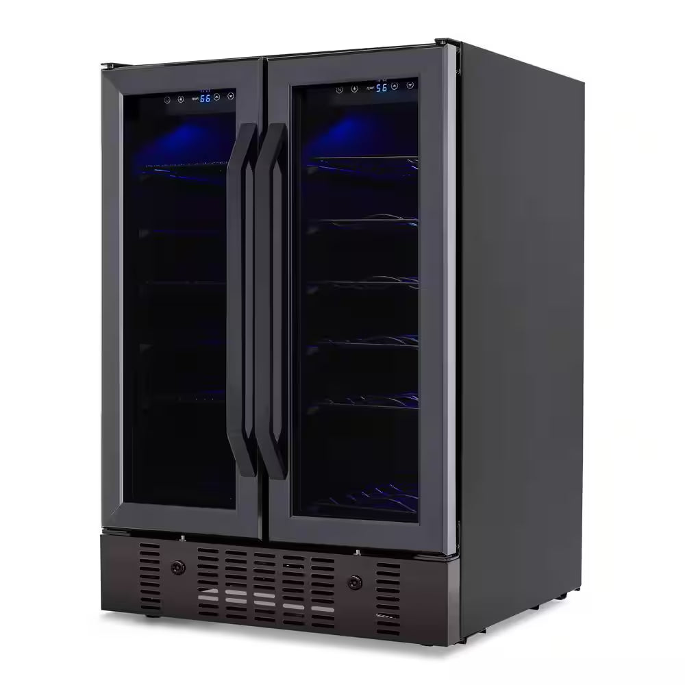 24 In.18 Bottles 60 Cans Built-In Dual Zone Beverage and Wine Cooler in Black Stainless Steel with French Doors and Lock