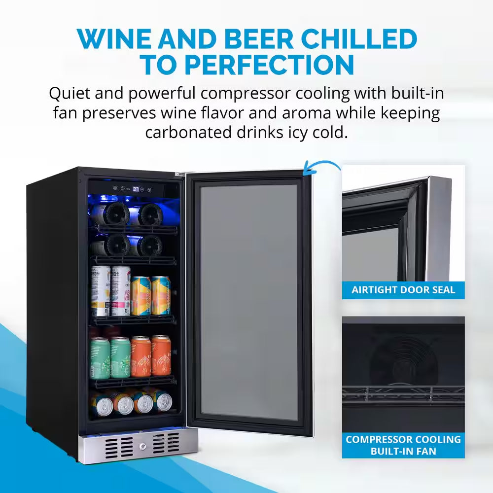 15 In. Flipshelf 33 Wine Bottles & 80 Cans Built-In Beverage and Wine Cooler in Stainless Steel with Reversible Shelves