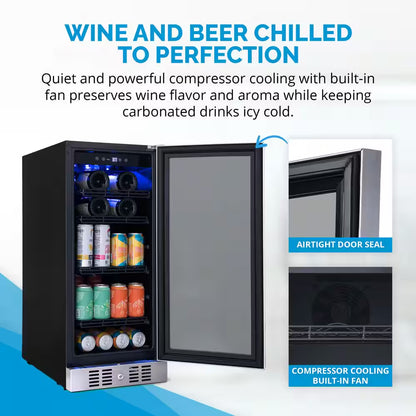 15 In. Flipshelf 33 Wine Bottles & 80 Cans Built-In Beverage and Wine Cooler in Stainless Steel with Reversible Shelves