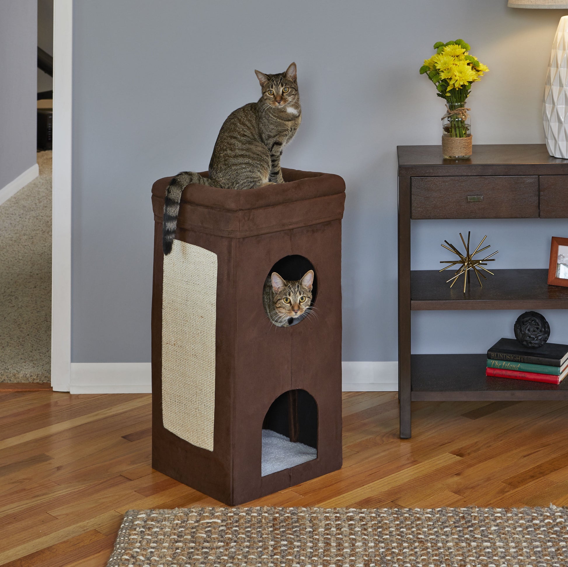 , Two Story Curious Cat Condo with Scratching Panel and Two Hideaways, Brown
