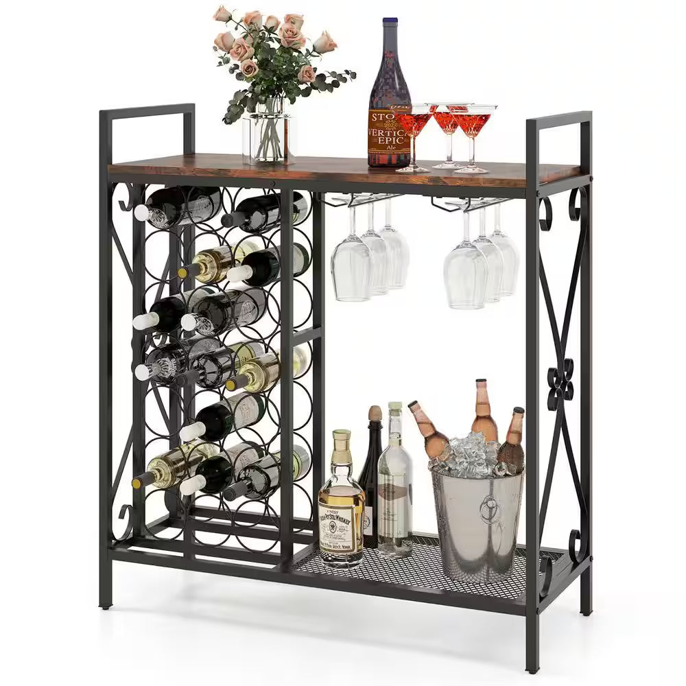 21-Bottle Rustic Brown Metal Floor Wine Rack