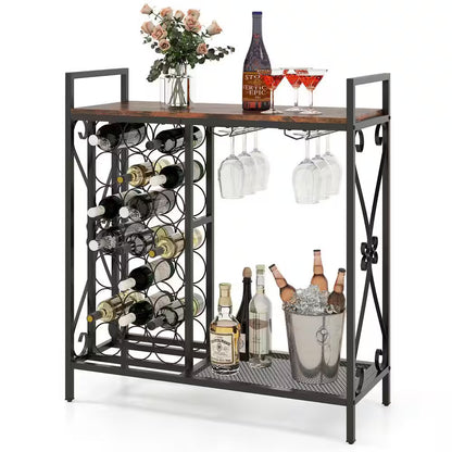 21-Bottle Rustic Brown Metal Floor Wine Rack