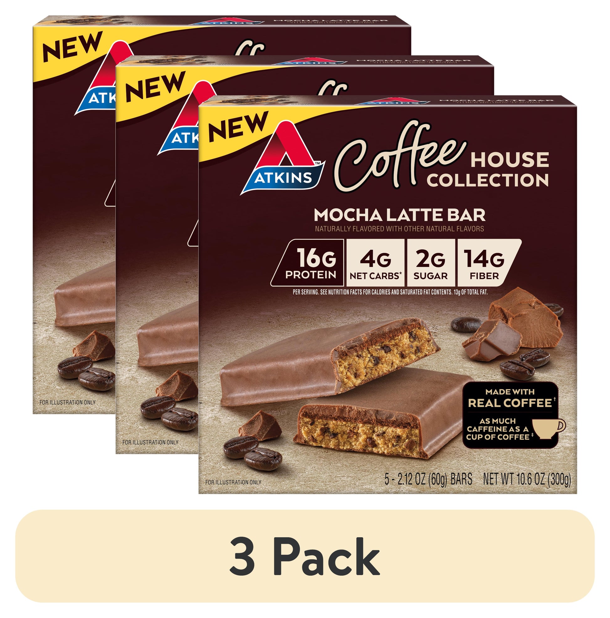 (3 Pack)  Coffee House Collection Protein Bar, Mocha Latte, High Protein, High Fiber, 5 Count