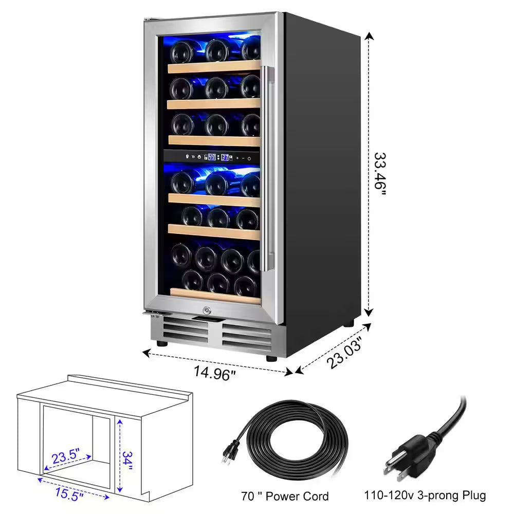 15" Dual Zone 30-Bottle Cellar Cooling Unit Built-In and Freestanding Wine Cooler in Blue LED 2 Handles Stainless Steel