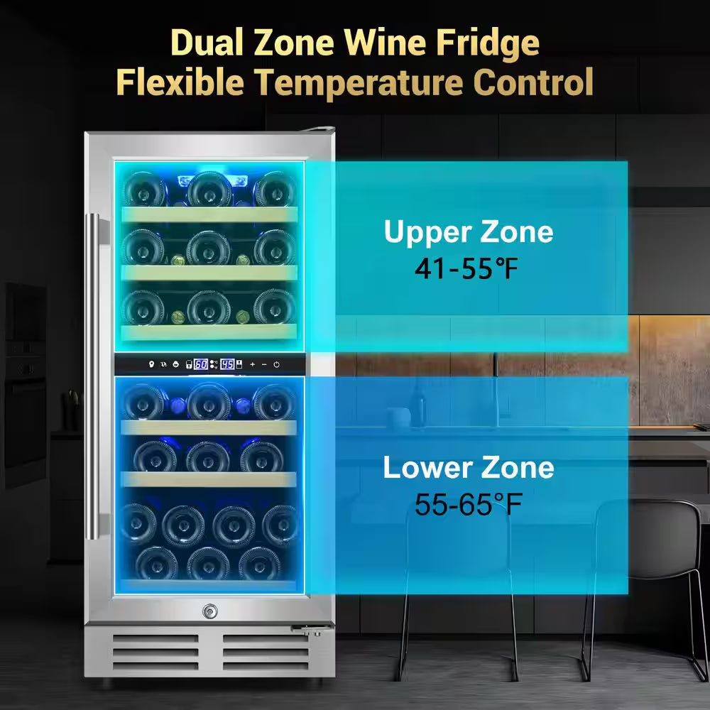 15" Dual Zone 30-Bottle Cellar Cooling Unit Built-In and Freestanding Wine Cooler in Blue LED 2 Handles Stainless Steel