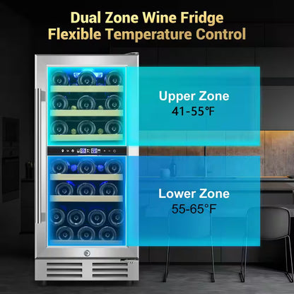 15" Dual Zone 30-Bottle Cellar Cooling Unit Built-In and Freestanding Wine Cooler in Blue LED 2 Handles Stainless Steel