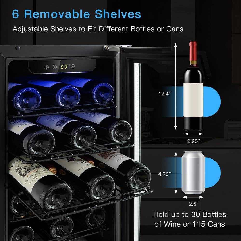 15 In. 30-Bottle 115 Can Wine Beverage Cooler Refrigerator Freestanding Built-In Fridge