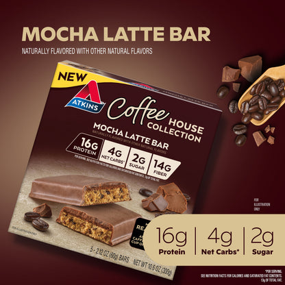 (3 Pack)  Coffee House Collection Protein Bar, Mocha Latte, High Protein, High Fiber, 5 Count