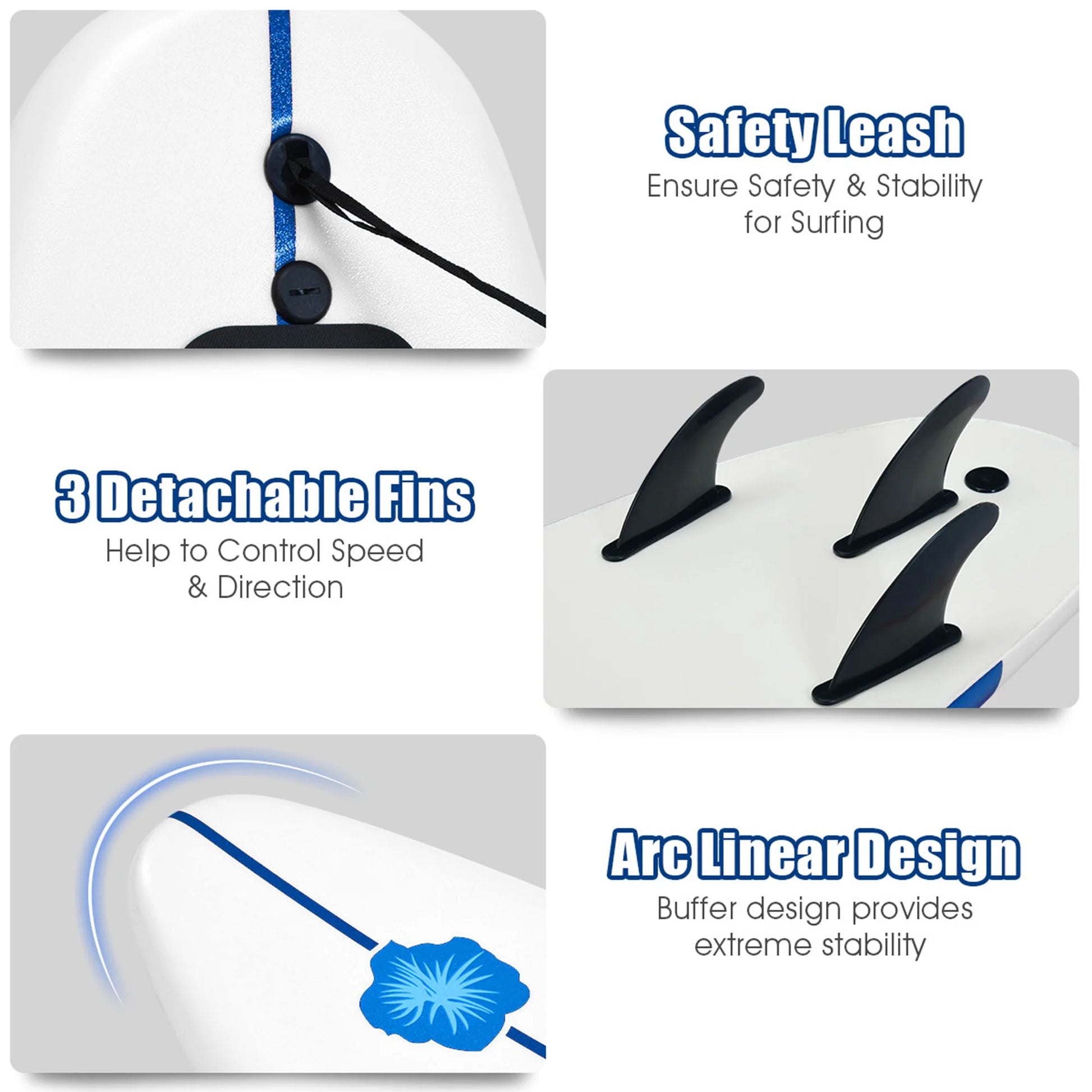 Surfing Body Board 6Ft W/ 3 Removable Fins Safety Leash White