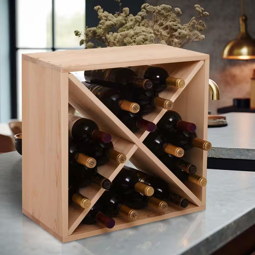 24-Bottle Burlywood Modular Wine Rack, Stackable Wine Storage Cube for Bar Cellar Kitchen Dining Room