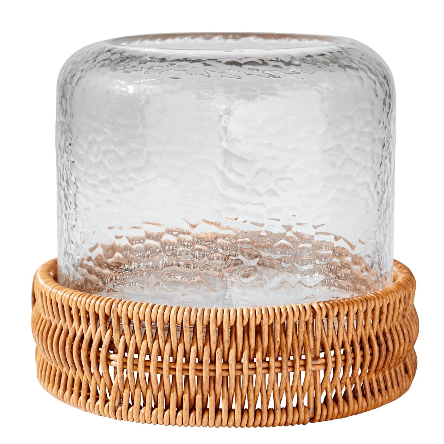(2 Pack)  7" Decorative Clear Hammered Glass Hurricane Pillar Candle Holder with Brown Woven Base