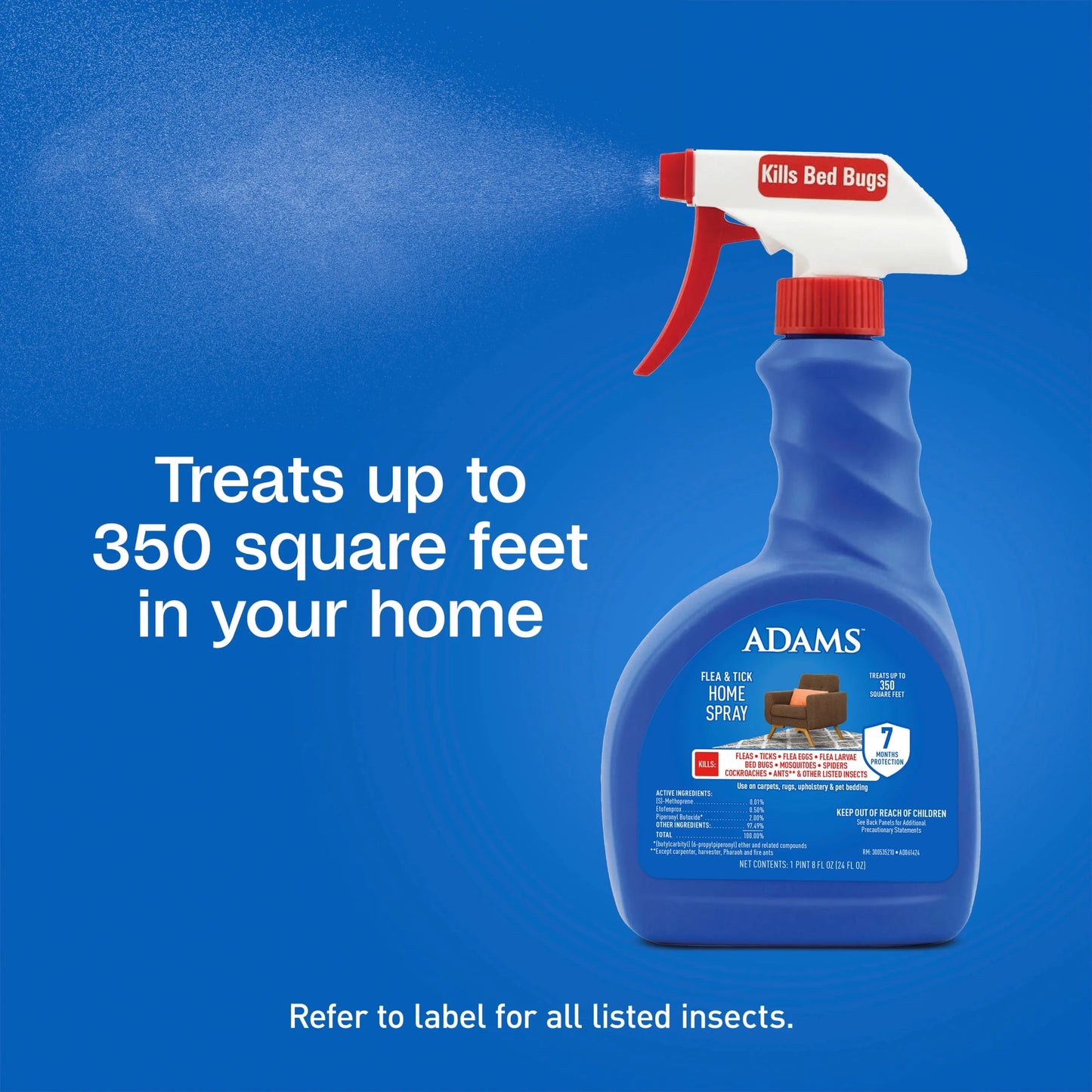 (4 Pack)  Flea & Tick Home Spray, Kills Fleas, Flea Eggs, Flea Larvae, Bed Bugs, Ticks, Ants (Except Carpenter, Harvester, Pharaoh and Fire Ants), Cockroaches, Spiders, & Mosquitoes in the Home, 24 Fl Oz