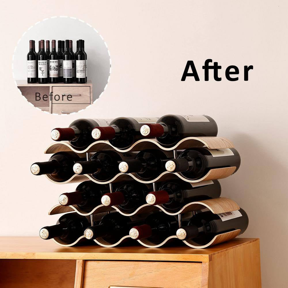 14-Bottle Natural Countertop Wine Rack, 4-Tier Wooden Wine Storage Rack, Freestanding Wine Bottle Holder Stand