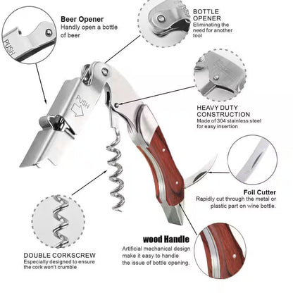 3-Piece Professional Waiter Corkscrew with Long Handle, Stainless Steel Handle Wine Opener for Bar, Red