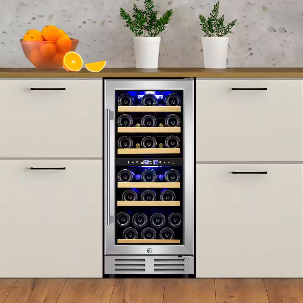 15" Dual Zone 30-Bottle Cellar Cooling Unit Built-In and Freestanding Wine Cooler in Blue LED 2 Handles Stainless Steel