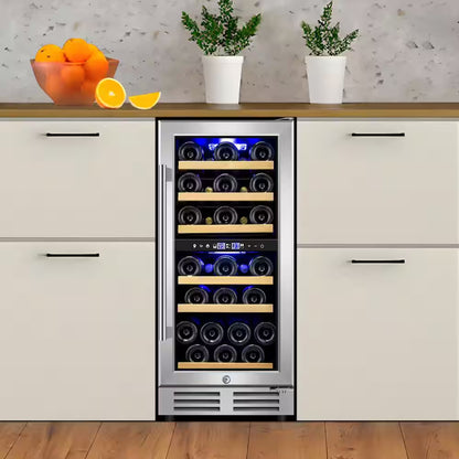15" Dual Zone 30-Bottle Cellar Cooling Unit Built-In and Freestanding Wine Cooler in Blue LED 2 Handles Stainless Steel