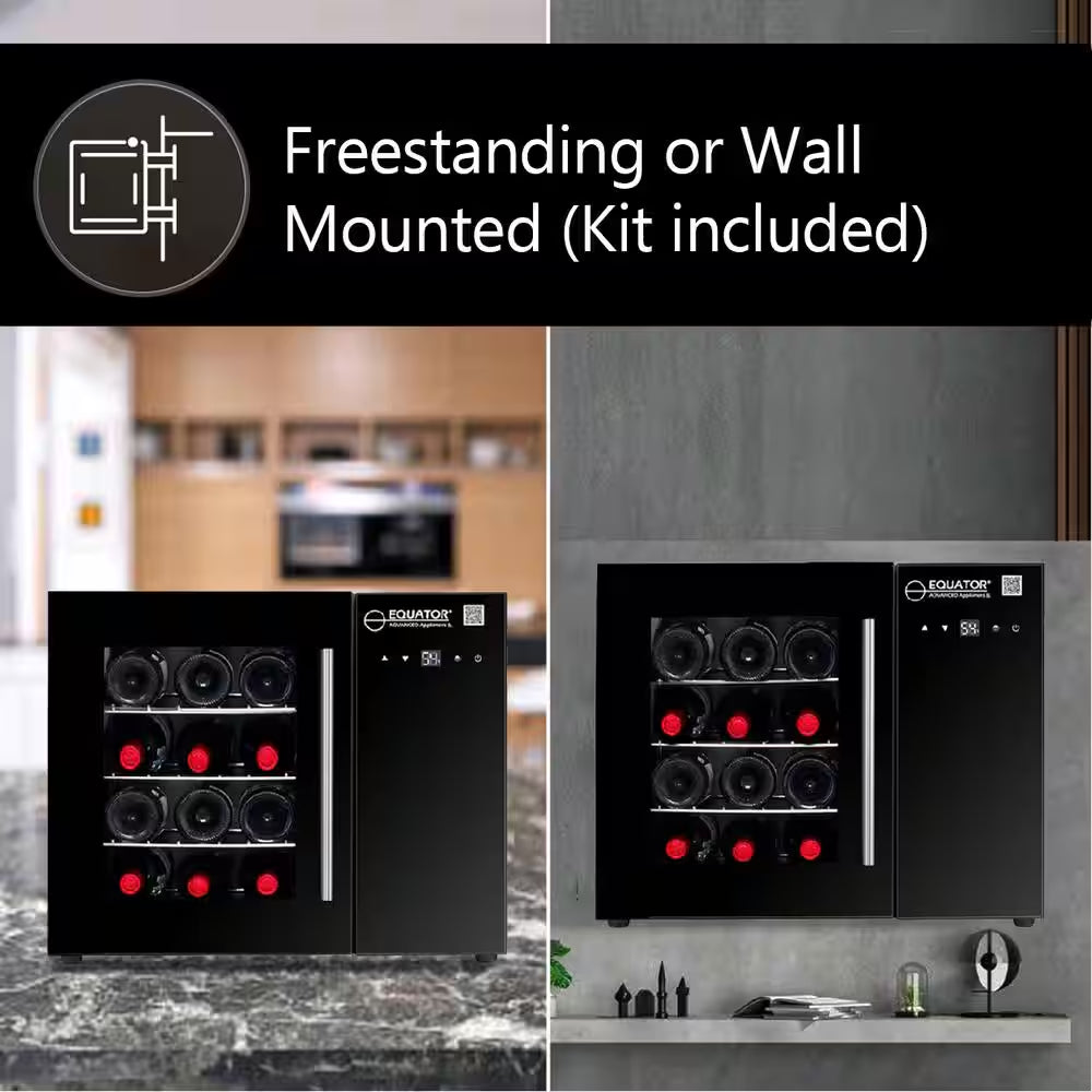 22In. Single Temperature Zone 12-Bottles Countertop/Wall-Mounted Beverage and Wine Cooler Black with anti UV Glass Door