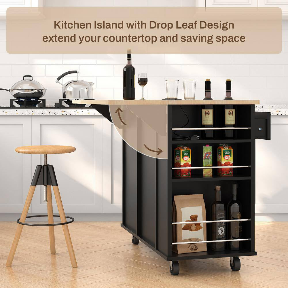 Rolling Black Drop Leaf Rubber Wood Tabletop 40 In. Kitchen Island with Power Outlet, Wine Rack and Adjustable Shelves