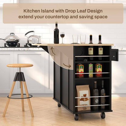 Rolling Black Drop Leaf Rubber Wood Tabletop 40 In. Kitchen Island with Power Outlet, Wine Rack and Adjustable Shelves